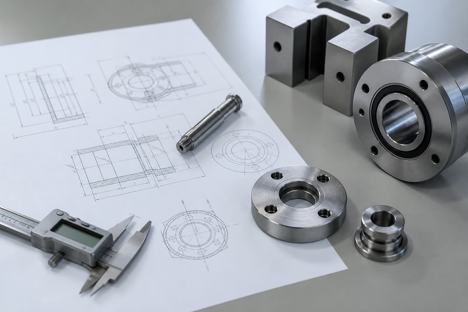 Technical drawing with precision-machined metal components