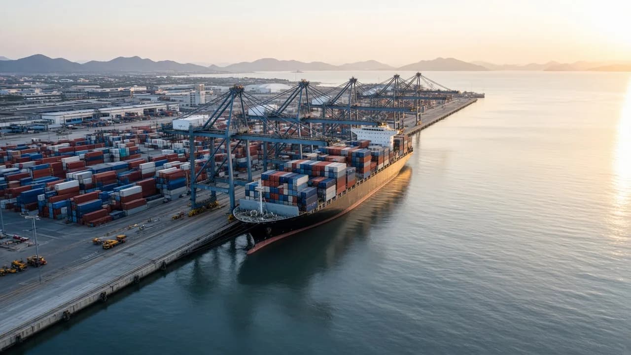 Aerial photograph of a container port with cranes and shipping containers