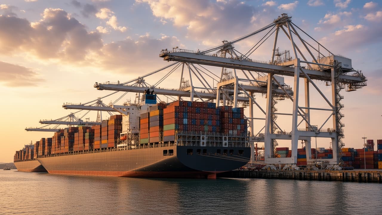 Container ships berthed under harbor cranes