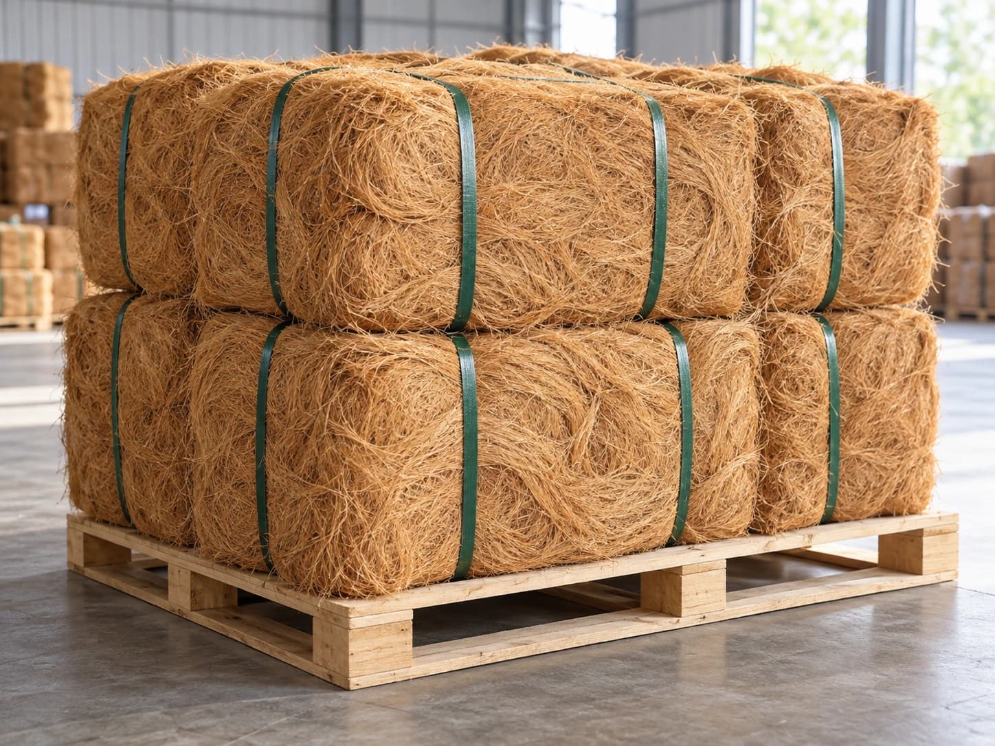 Compressed coconut fibre bales secured with green straps on a wooden pallet
