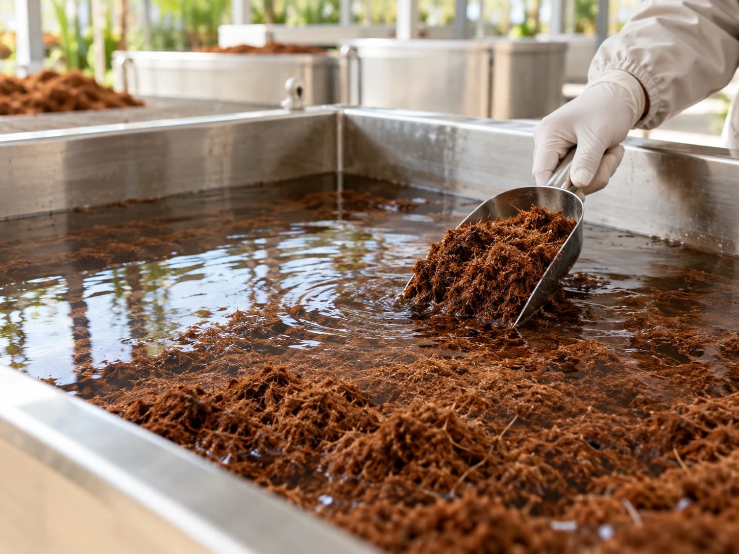 Coco peat being lifted from a treatment bath with a scoop