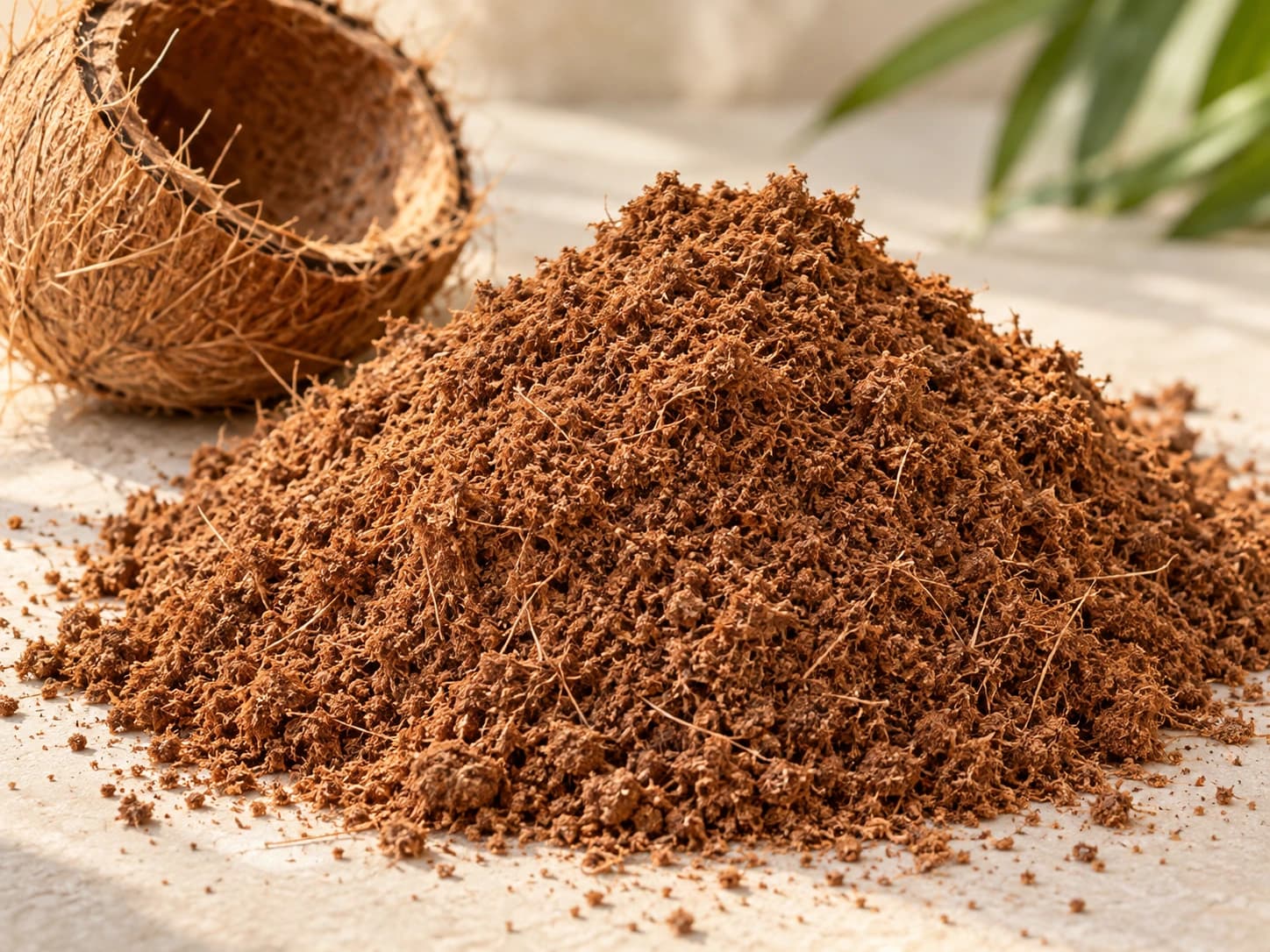Loose natural coco peat beside a coconut husk