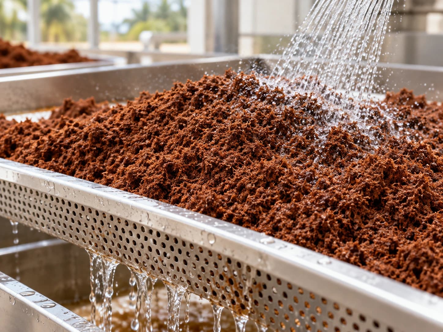 Coco peat being rinsed with water in a perforated tray